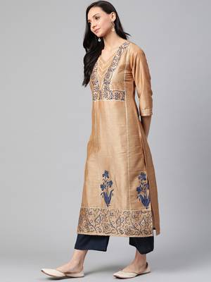 Beige woven cotton ethnic-kurtis 3