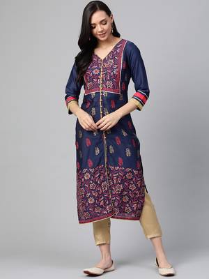 Navy-blue woven cotton ethnic-kurtis 1