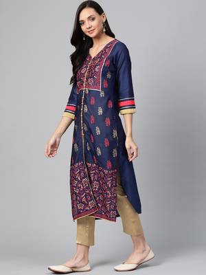 Navy-blue woven cotton ethnic-kurtis 3