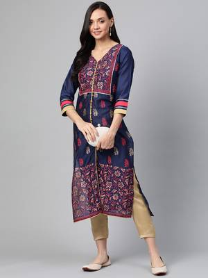 Navy-blue woven cotton ethnic-kurtis 4