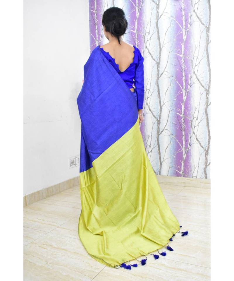 Handwoven cotton silk saree with contrast pallu and contrast blouse piece with tassels in the pallu