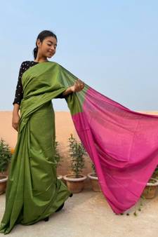 Handwoven cotton silk saree with contrast pallu and contrast blouse piece with tassels in the pallu