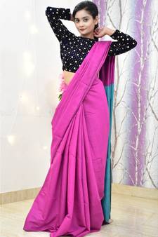 Handwoven cotton silk saree with contrast pallu and contrast blouse piece with tassels in the pallu