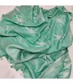 green?Handcrafted?Linen Saree with embroidery work
