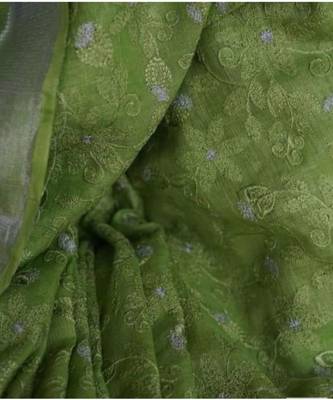 green?Handcrafted?Linen Saree with embroidery work 1