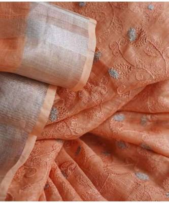 cream?Handcrafted?Linen Saree with embroidery work 1