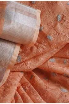 cream?Handcrafted?Linen Saree with embroidery work
