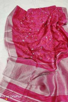 Pink ?Handcrafted?Linen Saree with embroidery work