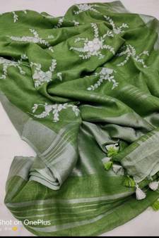green?Handcrafted?Linen Saree with embroidery work