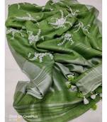 green?Handcrafted?Linen Saree with embroidery work