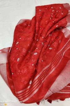 Red ?Handcrafted?Linen Saree with embroidery work