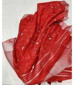 Red ?Handcrafted?Linen Saree with embroidery work