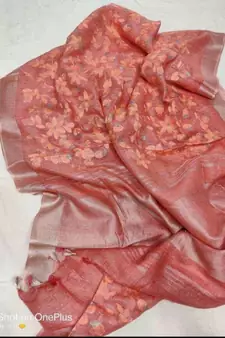 cream?Handcrafted?Linen Saree with embroidery work