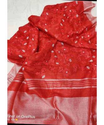 Red ?Handcrafted?Linen Saree with embroidery work 1