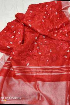 Red ?Handcrafted?Linen Saree with embroidery work