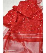 Red ?Handcrafted?Linen Saree with embroidery work
