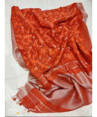orange?Handcrafted?Linen Saree with embroidery work 1
