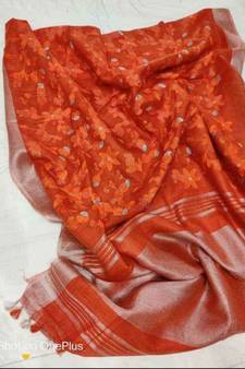orange?Handcrafted?Linen Saree with embroidery work