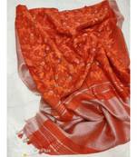 orange?Handcrafted?Linen Saree with embroidery work