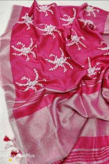 pink?Handcrafted?Linen Saree with embroidery work