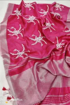 pink?Handcrafted?Linen Saree with embroidery work