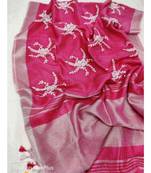 pink?Handcrafted?Linen Saree with embroidery work