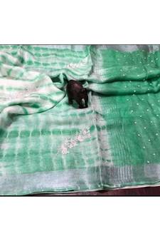 Green ?Handcrafted?Linen Saree with embroidery work