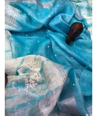 Blue ?Handcrafted?Linen Saree with embroidery work 1