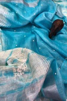 Blue ?Handcrafted?Linen Saree with embroidery work