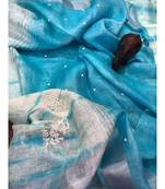 Blue ?Handcrafted?Linen Saree with embroidery work