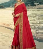 Red embroidered silk blend saree with blouse