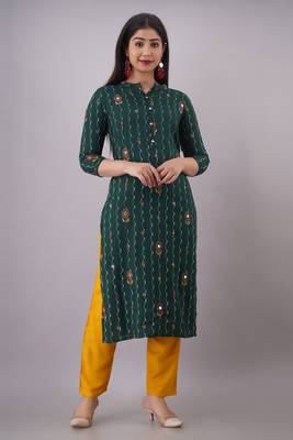 Rayon printed kurti with front all over emb and hand work with plain Pant 1
