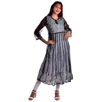 Lavangi Women's Faux Georgette Lucknow Chikankari Handicrafted Anarkali Kurti (Black) 1