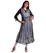 Lavangi Women's Faux Georgette Lucknow Chikankari Handicrafted Anarkali Kurti (Black)