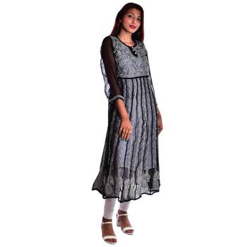 Lavangi Women's Faux Georgette Lucknow Chikankari Handicrafted Anarkali Kurti (Black) 2