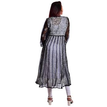Lavangi Women's Faux Georgette Lucknow Chikankari Handicrafted Anarkali Kurti (Black) 3