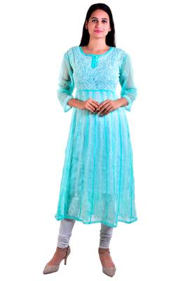 Lavangi Women's Faux Georgette Lucknow Chikankari Handicrafted Anarkali Kurti (Sea Green) 1