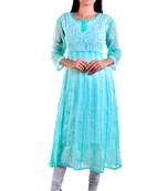 Lavangi Women's Faux Georgette Lucknow Chikankari Handicrafted Anarkali Kurti (Sea Green)