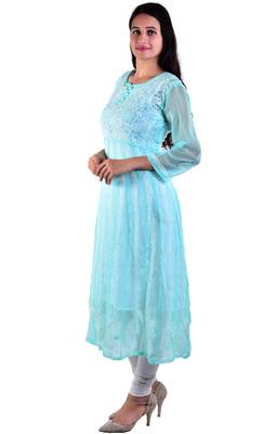 Lavangi Women's Faux Georgette Lucknow Chikankari Handicrafted Anarkali Kurti (Sea Green) 2