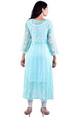 Lavangi Women's Faux Georgette Lucknow Chikankari Handicrafted Anarkali Kurti (Sea Green) 3