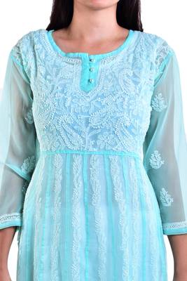 Lavangi Women's Faux Georgette Lucknow Chikankari Handicrafted Anarkali Kurti (Sea Green) 4