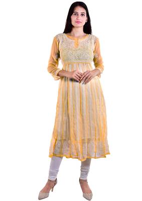 Lavangi Women's Faux Georgette Lucknow Chikankari Handicrafted Anarkali Kurti (Light Peach) 1
