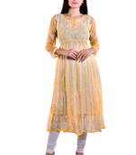 Lavangi Women's Faux Georgette Lucknow Chikankari Handicrafted Anarkali Kurti (Light Peach)