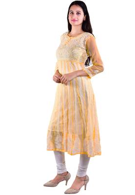 Lavangi Women's Faux Georgette Lucknow Chikankari Handicrafted Anarkali Kurti (Light Peach) 2