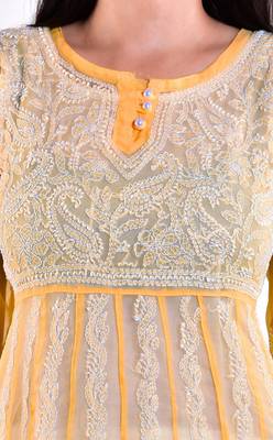 Lavangi Women's Faux Georgette Lucknow Chikankari Handicrafted Anarkali Kurti (Light Peach) 3