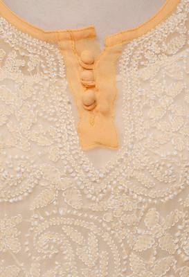 Lavangi Women's Faux Georgette Lucknow Chikankari Handicrafted Anarkali Kurti (Light Peach) 4