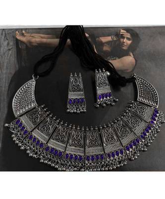 Silver Oxidized German Plated Bead Choker with Earring Necklace Set 1