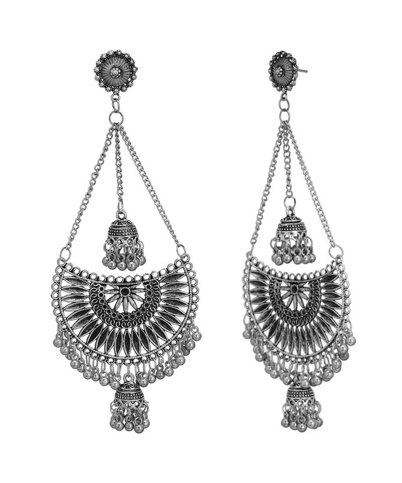 Indian Oxidized Silver Afghani Kashmiri Long Jhumki Earrings