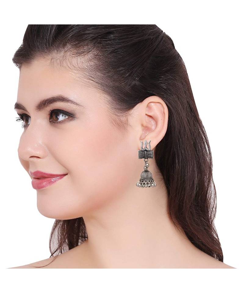 Oxidised Metal Silver Plated Om Trishul Damroo Earrings for Girls and Women