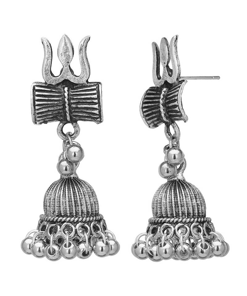 Oxidised Metal Silver Plated Om Trishul Damroo Earrings for Girls and Women